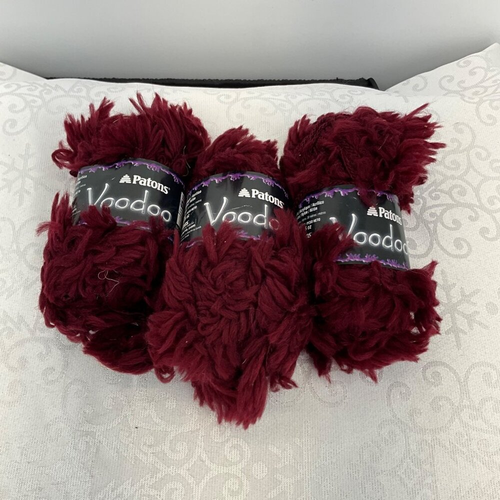 Patons Voodoo Eyelash Yarn Ruby‎ Color 3 Skeins 92% Acrylic 8% Nylon 50g